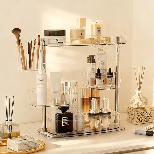 360°Rotating Makeup Organizer,Makeup Organizer Countertop with Brush Holder and Perfume Stand,Bathroom Counter Organizer,Skincare Holder Stand for Vanity,Detachable Hanging Hooks