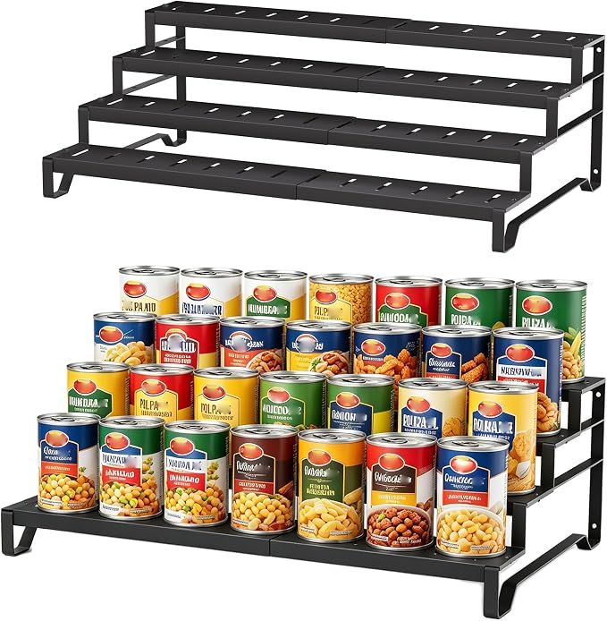 Expandable Can Organizer for Pantry, 4 Tier Metal Canned Food Storage 2Pack | 13"-21" Adjustable Length, Tiered Reversible Shelf Design, Large-Capacity Storage for Kitchen Cabinets & Countertops