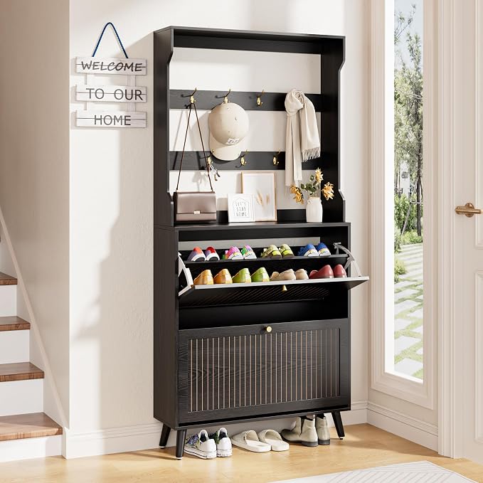 Fsbecl Shoe Cabinet for Entryway with 2 Flip Drawers & Coat Rack, Narrow Hidden Shoe Storage Cabinet with Fluted Panel, 2-in-1 Hall Tree Slim Freestanding Shoe Rack Organizer for Hallway