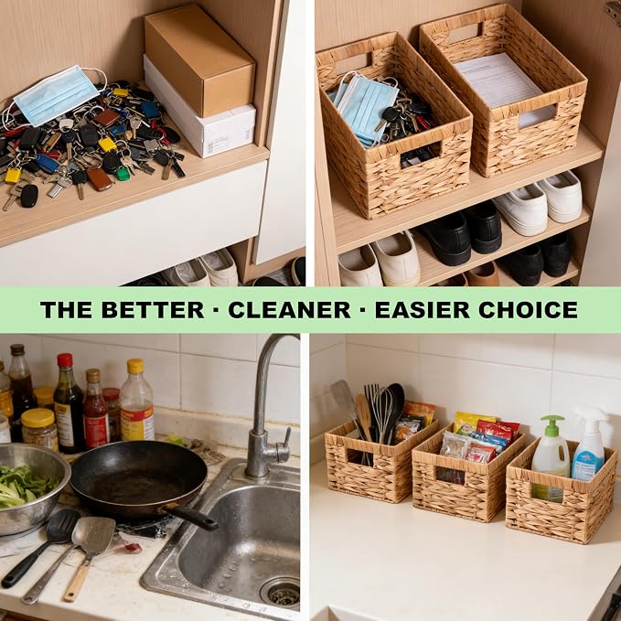 Handwoven Wicker Storage Basket with Built-In Handles - Decorative Rectangle Organizer Bin for Shelves, Closet, Bathroom, Kitchen & Living Room - Durable Eco-Friendly Storage Solution (Large 1-Pack)