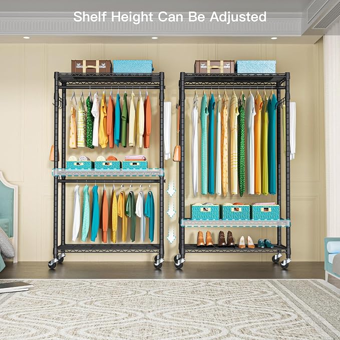 FUTASSI P1 Heavy Duty Garment Rack, Rolling Closet Organizer with Wheels | 3-Tier Freestanding Metal Clothes Clothing Wardrobe System with Double Hanger Rods and Hooks, Max Load 450lbs, Black