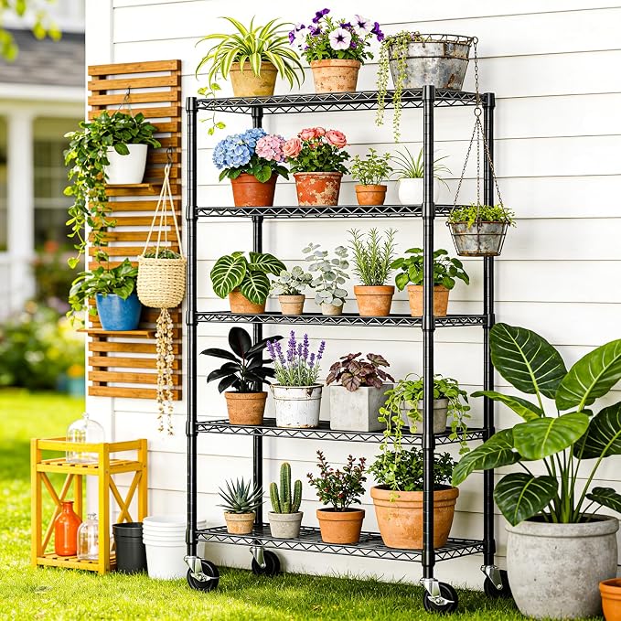 IZEUK 5-Tier Heavy Duty Metal Shelving Unit, Adjustable Steel Wire Storage Rack for Garage, Kitchen, Basement, Laundry Room & Office, Black, 17.7" D x 47.2" W x 72.3" H, 1750 lbs Capacity