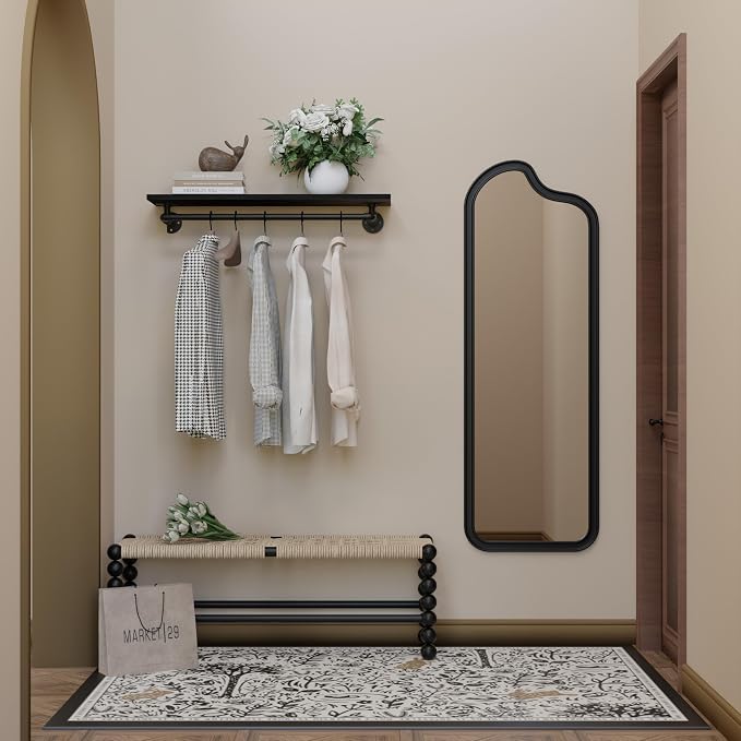 Black Clothes Rack 36in, Wall Mounted Garment Rack with Black Real Wood Shelf, Heavy Duty Hanging Clothes Rack, Multi-Purpose Hanging Rod, Space-Saving Closet Storage