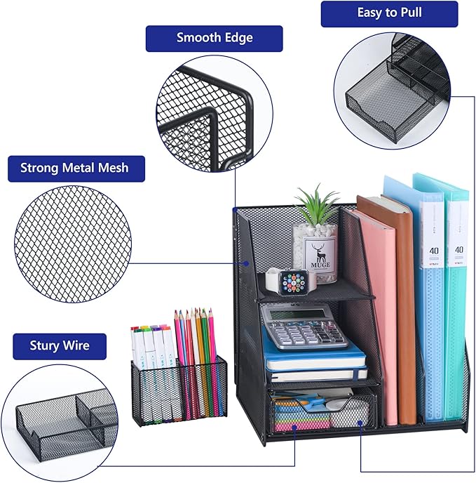 Topwey Desk Organizer, File Organizer for Desk with 2-Tier Paper Letter Tray, Drawer and 2 Pen Holder, Mesh Desktop Organization with Magazine Holder for Office Supplies