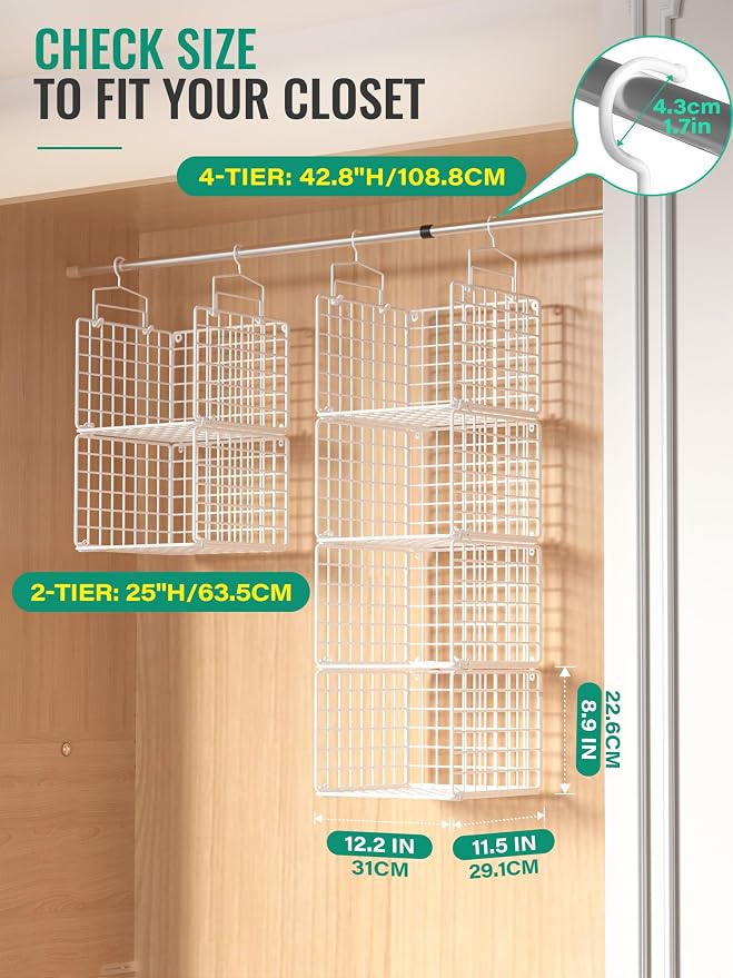 Hanging Closet Organizer, 4 Tier Metal Closet Organizers and Storage with 4 Hanging Hooks 4 S-Hooks for Wardrobe Laundry Room, Wire Storage Shelf for Clothes Sweaters Pants (White)
