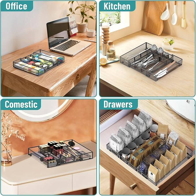 2 Pack Expandable Desk Drawer Organizer, 10 Compartments, Black | Metal mesh drawer organizer tray with 5 removable dividers, expands from 8.74 to 16 in for office supplies, makeup or tools