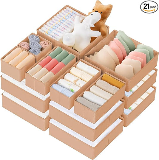 Criusia Drawer Organizer Clothes, 21 Pack Dresser Organizer for Baby Clothes, Underwear, Sock - Foldable Closet Organization and Storage Dividers Bins for Nursery, Bedroom (Brown)