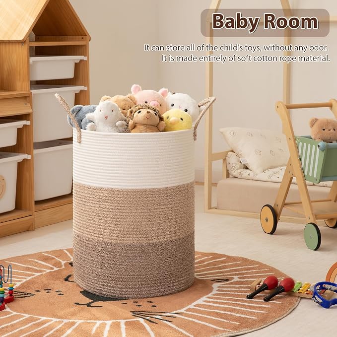 OIAHOMY Large Laundry Basket Hamper - 60L Cotton Rope Woven Basket for Blankets, Toys, Clothes - Tall Decorative Nursery Hamper with Long Handles, Gradient Brown