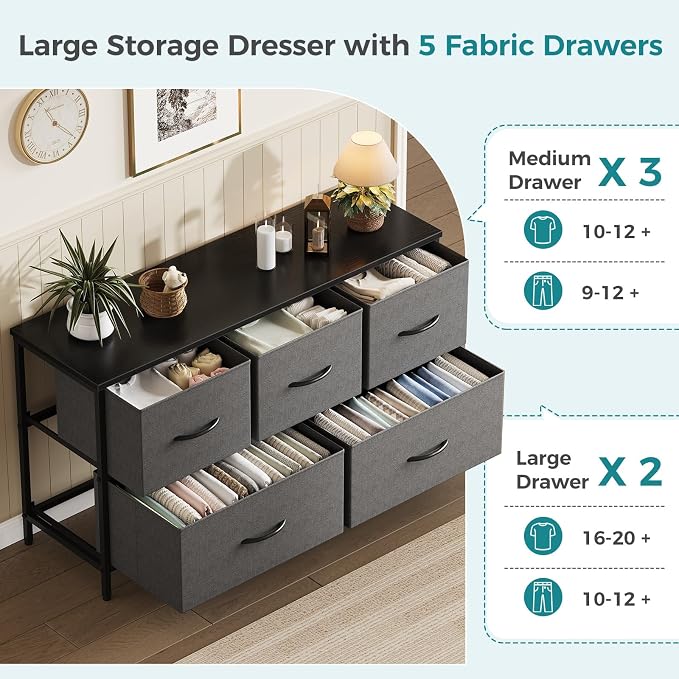 OLIXIS Dresser for Bedroom with 5 Drawers, Wide Chest of Drawers, Grey | Chest of Drawers for Clothes Storage with Bins, Wide Fabric Bedroom Dresser, Wooden Top, Living Room