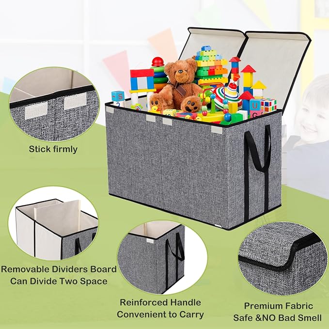 YOLOXO Large Kids Toy Box Chest Storage organizer with Double Flip-Top Lid - Collapsible Sturdy Toy Organizers And Storage Bins With Big Handles For Nursery, Playroom, 26.8"x13.8"x16"(Grey)