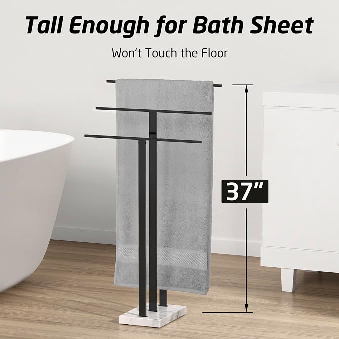 KES Standing Towel Rack with Marble Base, 3-Tier, Matte Black, 36-Inch | 18/8 Stainless Steel, 8.23 Lbs Weighted Base, Anti-Slip Pads, No Drilling Assembly, Freestanding Holder For Bathroom