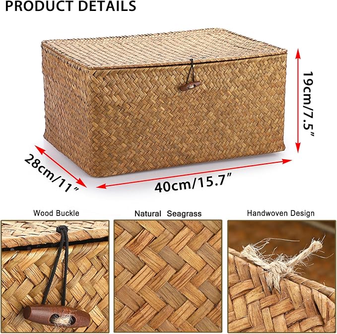 Hipiwe Wicker Shelf Baskets Bin with Lid Handwoven Storage Basket, X-Large | Rectangular Basekts Bins Natural Seagrass Household Basket Boxes for Shelf Wardrobe Home Organizer, Caramel