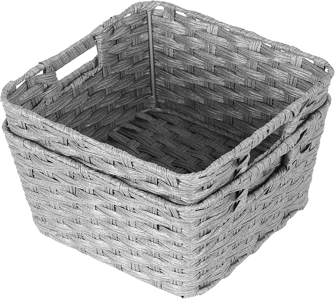 2-Pack Plastic Wicker Storage Baskets for Bathroom, 12"x12"x6", Grey | onlytak woven storage bins for shelves, toilet paper, closet, and home organizing – stackable, durable.