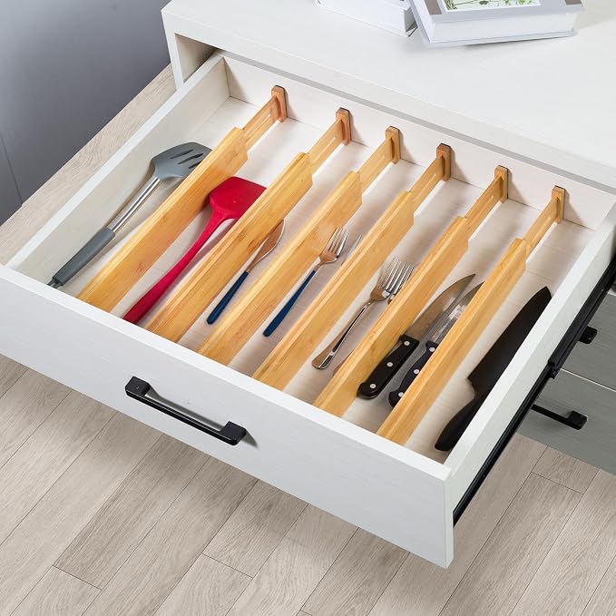 VaeFae 6-Pack Adjustable Bamboo Drawer Dividers, Expandable Drawer Organizer for Kitchen Utensils, Clothes, Bathroom, Office – Fits Drawer Interiors 16.6" to 21.8"