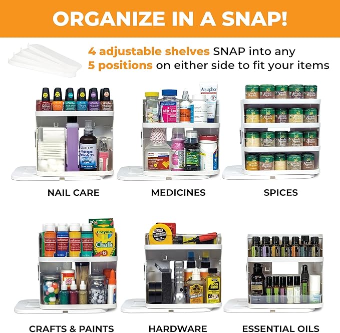 Cabinet Caddy SNAP! Spice Rack Organizer for Cabinet - Slide & Rotate Seasoning Organizer - 4 Snap-In Adjustable Shelves for 5 Tier of Storage - Magnetic Modular Design - 8.9”H x 6.1”W x 10.8”D