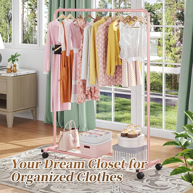 Simple Trending Standard Clothes Clothing Garment Rack with Storage Shelves, Rolling Clothes Organizer on Wheels for Hanging Clothes, Pink