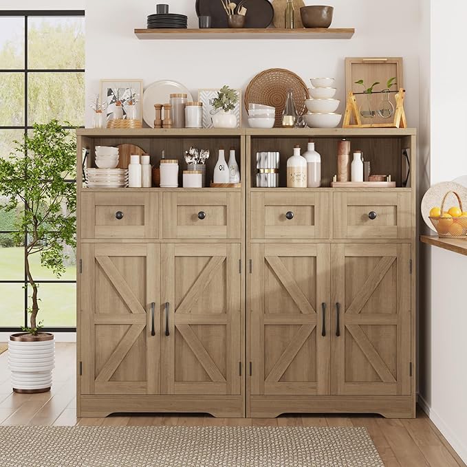 Farmhouse Accent Storage Cabinet with Drawers, Small Kitchen Pantry Cabinet | Coffee Bar Cabinet Cupboard, 2 Storage Drawers, 2 Barn Doors & Adjustable Shelves, for Kitchen/Entryway/Living Room/Bathroom