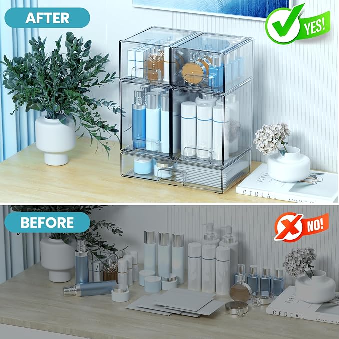 Stackable Storage Drawers, 4 Pack Clear Acrylic Makeup & Bathroom Organizer, Versatile Storage Bins for Vanity, Under Sink, Kitchen Cabinets & Pantry (4 Pack)