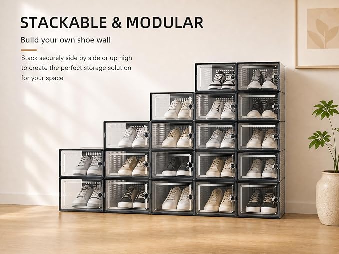 Kuject X-Large Shoe Storage Boxes 12 Pack, Clear Stackable Shoe Organizer | Shoe Case for Closet, Entryway & Under-Bed Storage, Drop-Front Design, Space-Saving Solution for Family Organization,Black