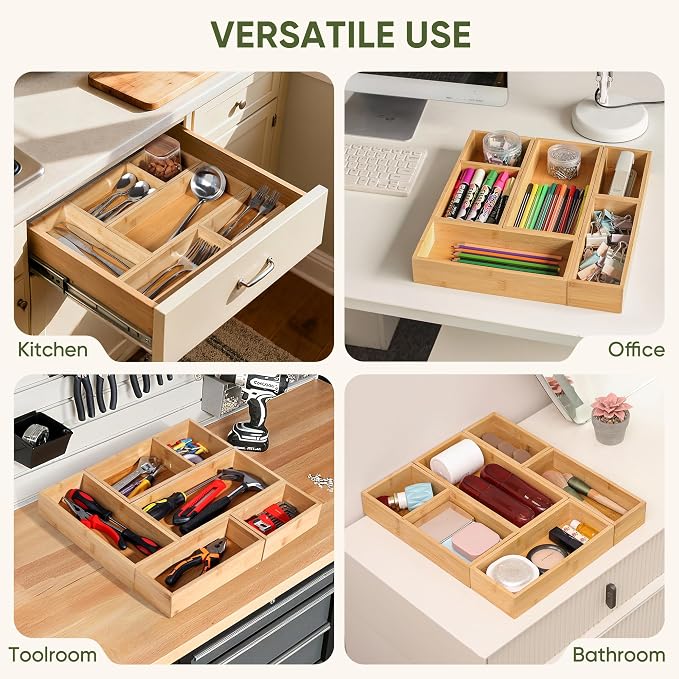 Vincona Bamboo Drawer Organizers Set, 5-Piece Multi-Use Wood Storage Organizers, Desk Drawer Tray for Kitchen, Bathroom, Office, Dresser, Bamboo Box Bin for Jewelry, Makeup, Junk, Gadgets