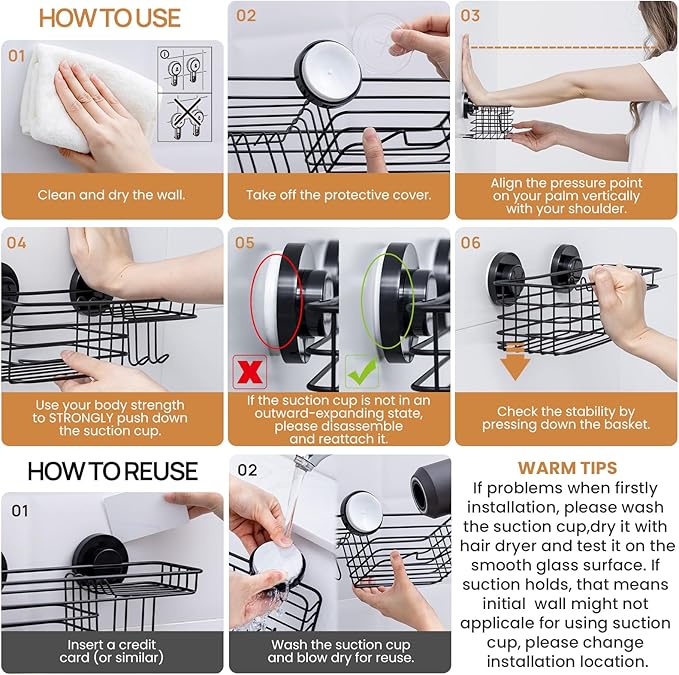 LEVERLOC Shower Caddy Suction Cup, 2 Pack Suction Shower Shelf With Hooks | Black Shower Caddies, Soap holder, NO-Drilling Bathroom Holder, Rustproof bathroom organizer