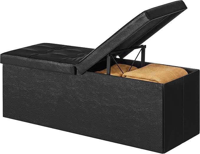 SONGMICS Home Foldable Foot Rest Stool, Storage Ottoman, Tufted Design, PU Leather, Easy Assembly and Cleaning, for Entryway, Living Room, Bedroom, 43.2 Inches, Black