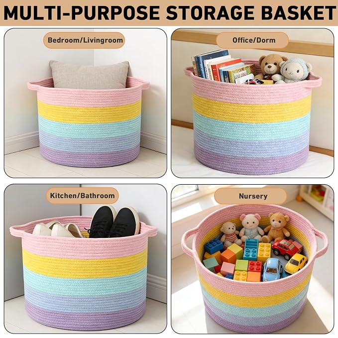65L Large Blanket Basket,Woven Rope Laundry Basket-Colorful | Collapsible, reinforced handles, nursery storage bin organizes clothes, toys and pillows for living room, bedroom bathroom