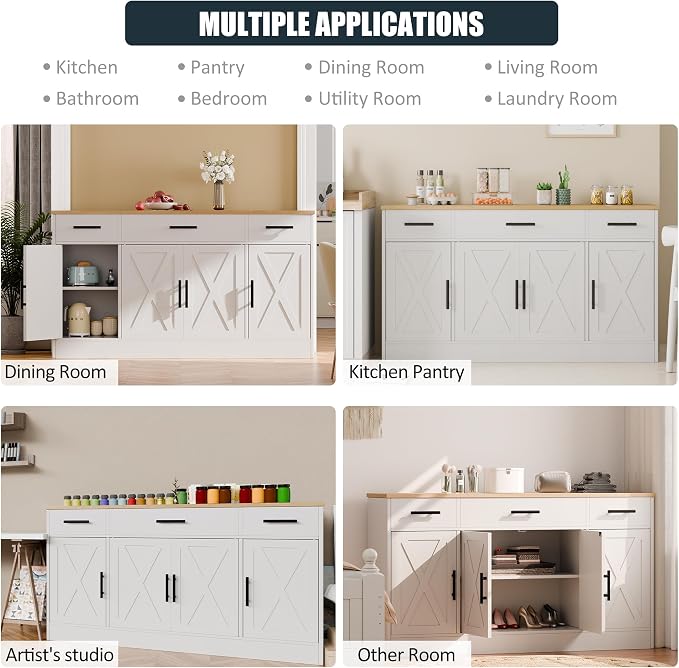 Buffet Cabinet with Storage, 53" Farmhouse Buffet Cabinet with 4 Doors and 3 Drawers, Sideboard Small Storage Cabinet with Adjustable Shelf, for Kitchen, Dining Room & Living Room, White&Yellow