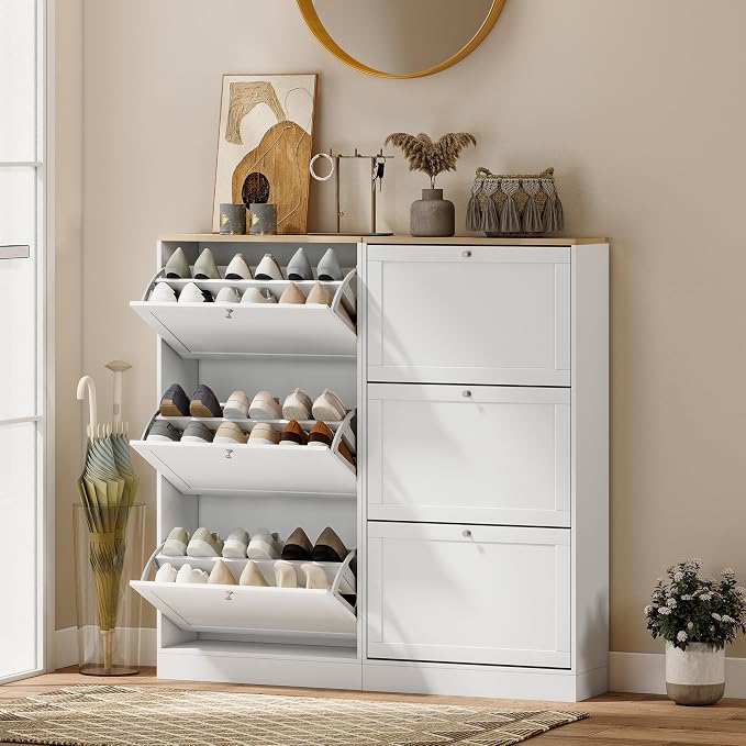 HOMCOM Shoe Storage Cabinet with 3 Flip Drawers, Adjustable Shelves, White | Wooden Freestanding Shoe Organizer, Narrow Design, Entryway, Hallway