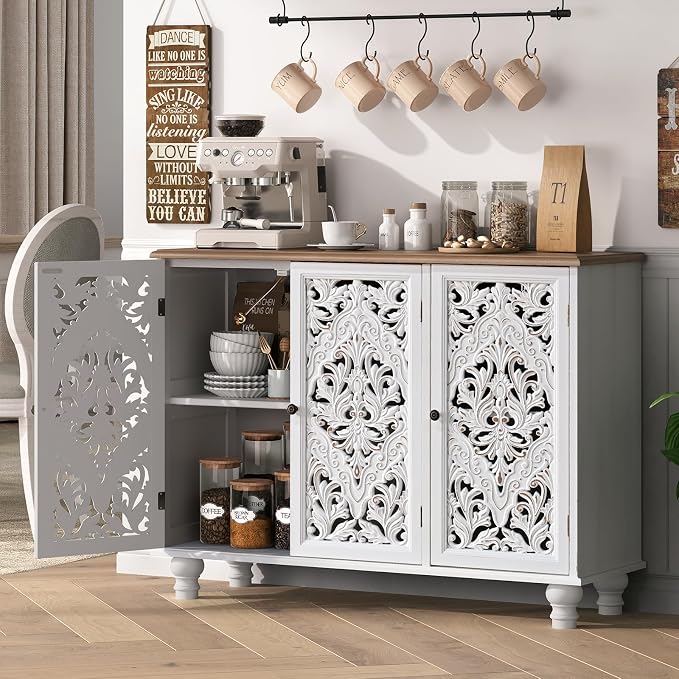 JOINICE 42.5" Accent Storage Cabinet with 3 Carved Doors,Mandala White | Versatile Storage for Living Room & Dining Room & Bedroom & TV Stand, Solid Wood Legs, Boho/Farmhouse/Rustic, Easy Assembly