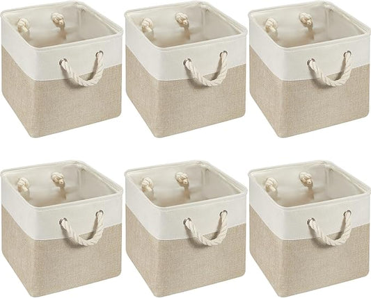 Geiserailie 6 Pcs 12 x 12 Inch Cube Storage Bins Fabric Storage Organizer Bins Foldable Cube Baskets with Sturdy Carry Handles Wicker Baskets for Home (White,Light Brown)