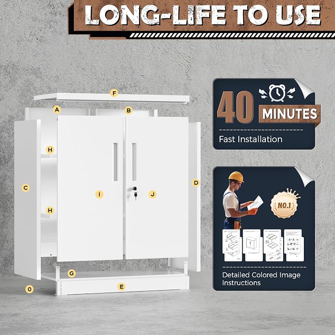 INTERGREAT Metal Garage Storage Cabinet, 36" Locking Counter Cabinet with 2 Locking Doors and 2 Adjustable Shelves, Small Steel Cabinet for for Home Office, Gym, School(White)