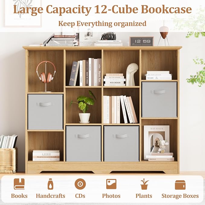 12 Cube Storage Organizer Shelf, Wood Cubby Storage with 6 Fabric Drawers | 3 Tier Wooden Bookshelf with 2 Adjustable Shelves, Fluted Side Panels Bookcase for Records, Books, Ornaments