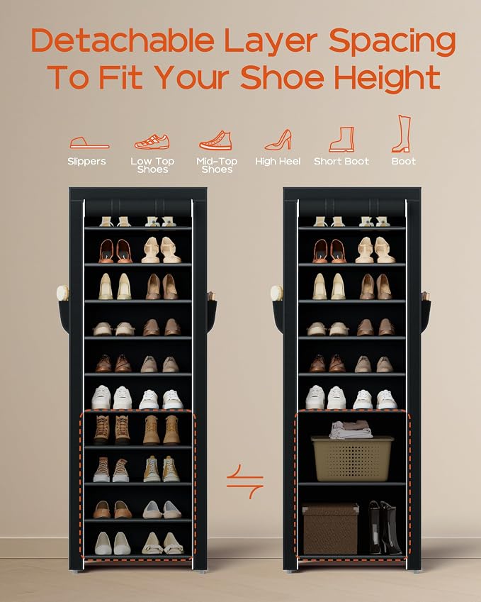 CASAMAYA Shoe Rack with Covers, 10 Tiers Tall Shoe Rack Organizer, Large Capacity Shoe Shelf Storage, Hold 20 Pairs of Shoes, Vertical Shoe Storage Organizer for Closet, Entryway, Black, SRT102B01