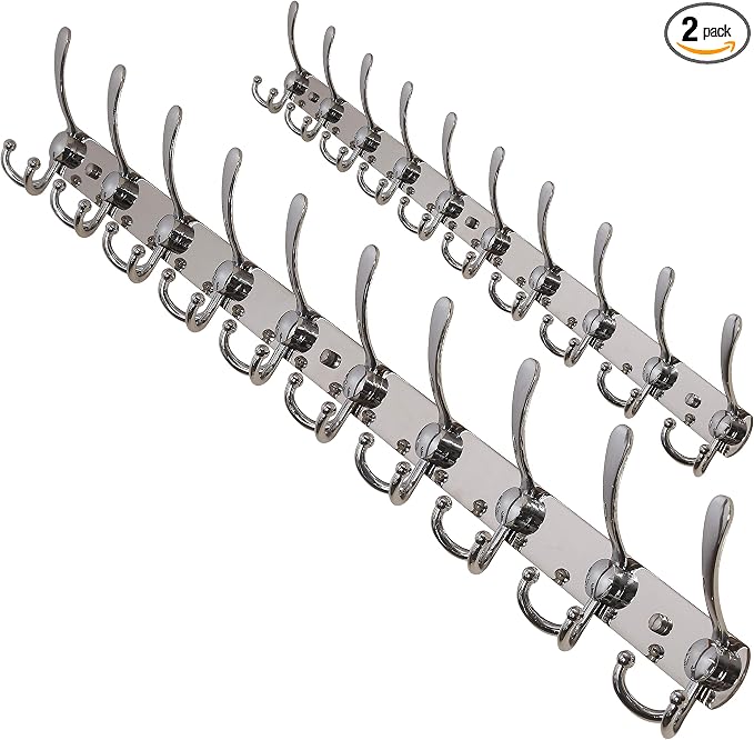 Dseap Coat Rack Wall Mount - 38” Long 10-Tri-Hooks Heavy Duty Coat Hanger Rail Wall Hooks for Hanging Coats Hats Clothing Clothes Purse Mudroom Entryway, Chromed, Pack of 2