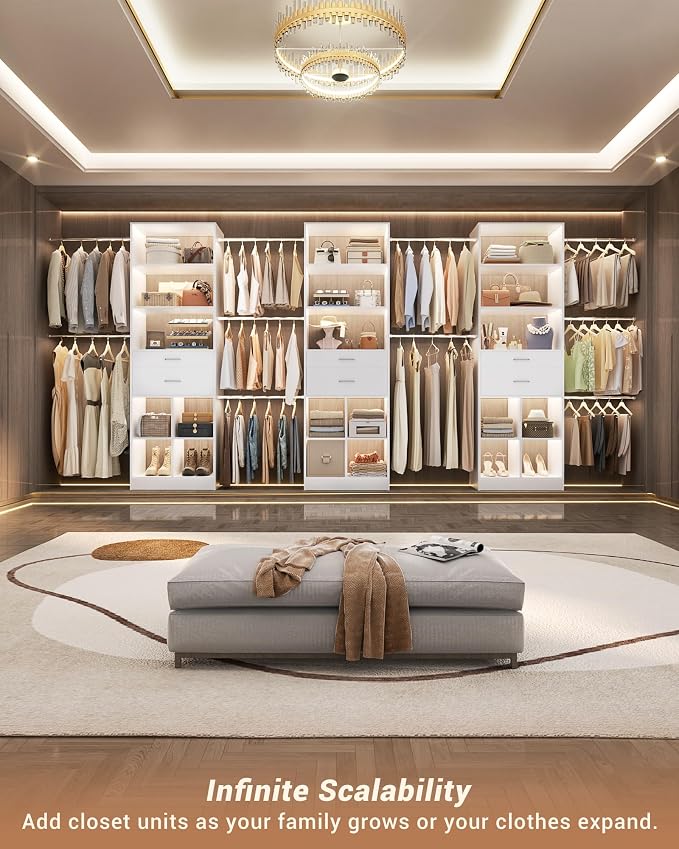 Besiost Small Closet System, 3.2-6.8FT Small Closet Organizer with 2 Wooden Drawers & 5 Hanging Rods, Can Fit 37.5 to 81.9 inch Walk-in Closet System, Built-in, White, Enclosed Storage Volume 2.32 ft³