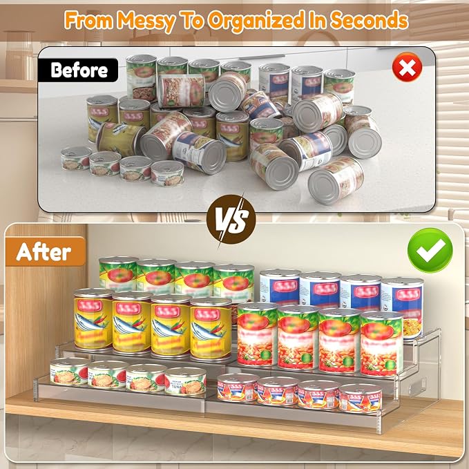 Expandable Can Organizer for Pantry, 3-Tier Adjustable Can Storage Holder | Soda Organizer Holds Up to 24 Cans, Acrylic Canned Food Organizer for Pantry, Cabinet, Countertop, Kitchen