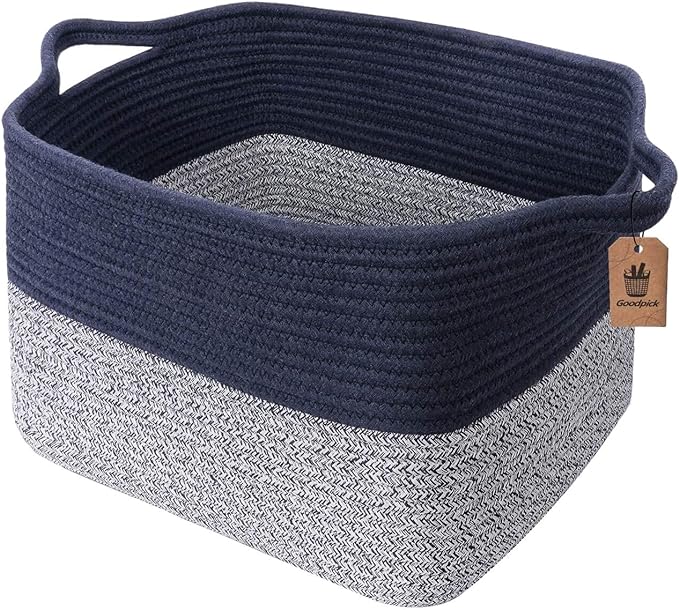 Goodpick Cotton Rope Storage Basket for Shelves, 13" x 10" x 9", Blue | Books, Toys & Towels Storage, Closet & Cube Organizer, Reinforced Handles, Decorative Home Organization