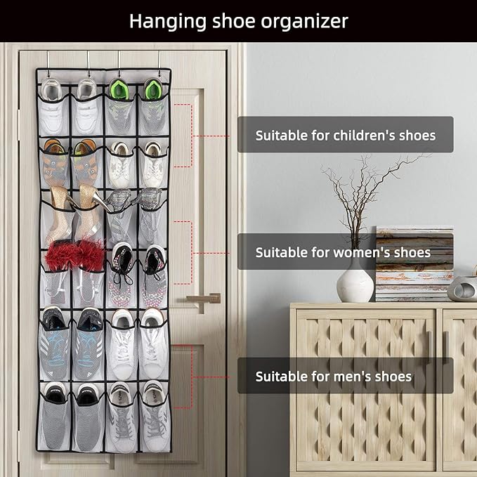 SAVERHO Over the Door Shoe Organizer, Hanging Shoe Organizer with 24 Mesh Large Pockets Door Shoe Rack Organizer for Men Women Kids Hanging Shoe Storage Bag.(White