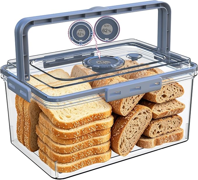 Bread Box With Digital Hygrometer, Portable Bread Boxes with Lid and Handle,New Upgrade Time Recording Bread Storage Container for Homemade Breads,Toast, Bagel, Donut and Cookies,Gifts for Mom Dad
