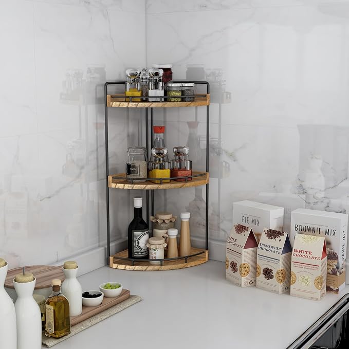 Dorhors Corner Bathroom Organizer Countertop,Vanity Counter Storage Shelf | 3 Tier Rustic Brown Stand Rack Holder for Kitchen,Dresser,Restroom,Wood Bathroom Sink Tray for Makeup,Perfume,Skincare,Lotion