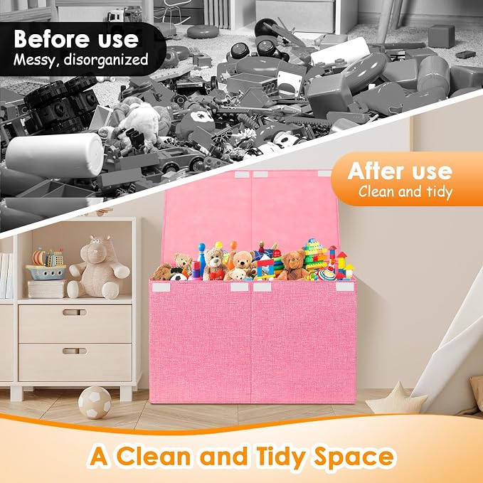 Large Toy Storage Box with Lid Upgraded Toy Chest Organizer with Removable PP Divider Foldable Toy Bin for Kids Boys Girls Linen Fabric Toy Box for Playroom Nursery Bedroom (25"x13"x16")