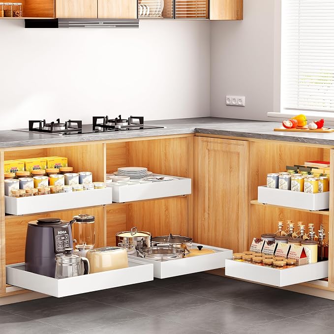 Pull out Cabinet Organizer,21"Deep, 20"Wide Heavy Duty Full-Extension Slide out Drawers Fixed with Nano Adhesive,Roll Out Shelves Sliding Cabinet for Kitchen,Bathroom,Pantry,under sink Storage(White)