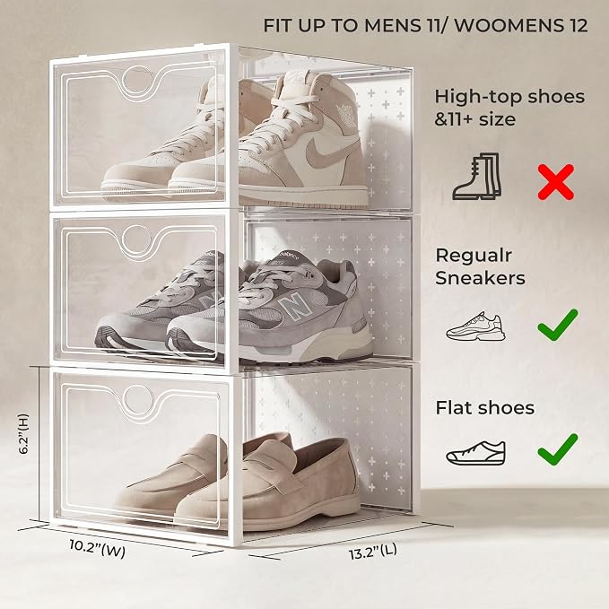 15 Pack X-Large Shoe Storage Boxes, Shoe Organizer Clear Stackable | Fit US Size 11, 6.2” Height, Shoe Dispaly Case Holder Bins Sneaker Storage for Sneakerheads, For Home and Family, White