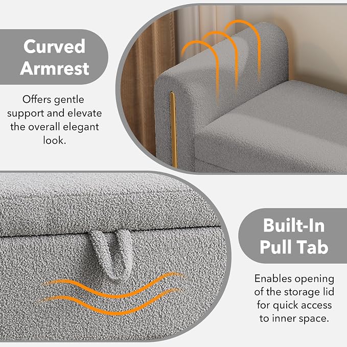 52" Flip-Top Storage Ottoman Bench, Teddy Entryway Bench (Grey) | Teddy Fleece Upholstered End of Bed Bench with Armrests, Soft Padded Window Bench for Living Room Bedroom Entryway