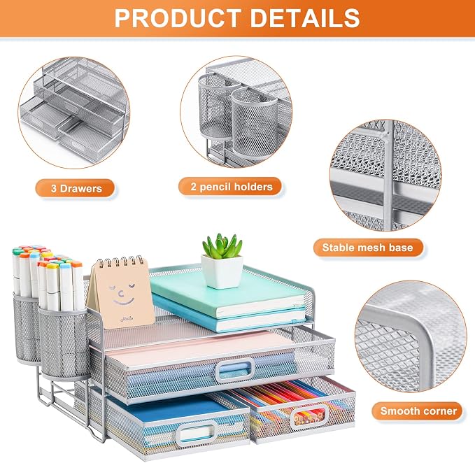 Marbrasse 3 Tier Desk Organizer with Drawer and 2 Pen Holder, Silver | Paper Tray Organizer, File Holder for Desk, Metal Mesh Office Organization for Home Office Supplies
