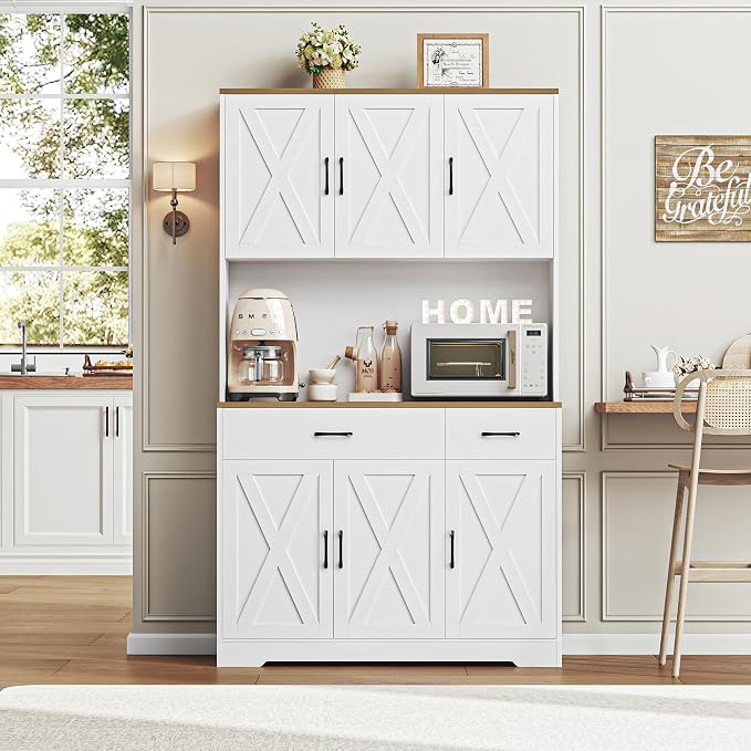 HOSTACK 71"H Kitchen Pantry Storage Cabinet, Farmhouse Hutch Cabinet, White | Space-Saving Pantry Cabinet with Charging Station & 2 Large Drawers & Adjustable Shelves, Tall Kitchen Hutch for Dining Room
