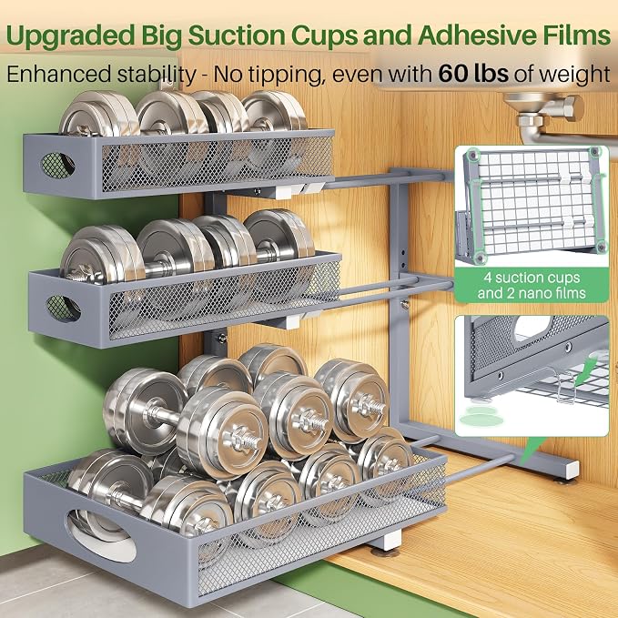 Kitstorack Under Sink Organizer 3-Tier Slide Out Drawer 2-Pack Grey | Height Adjustable, Metal Mesh Storage Rack, Pull out Cabinet Organizer Shelf for Bathroom Kitchen Pantry Home Organization