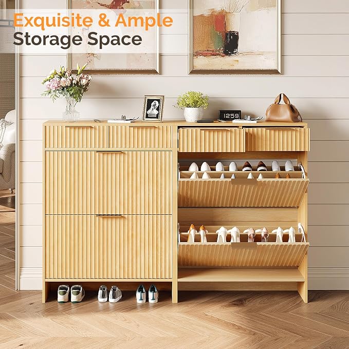 VINGLI Fluted Shoe Cabinet for Entryway, Slim Shoe Storage Cabinet with 2 Flip Drawers & 2 Top Drawers, Modern Hidden Shoe Rack Organizer with Adjustable Shelves, Narrow Freestanding Console, Oak