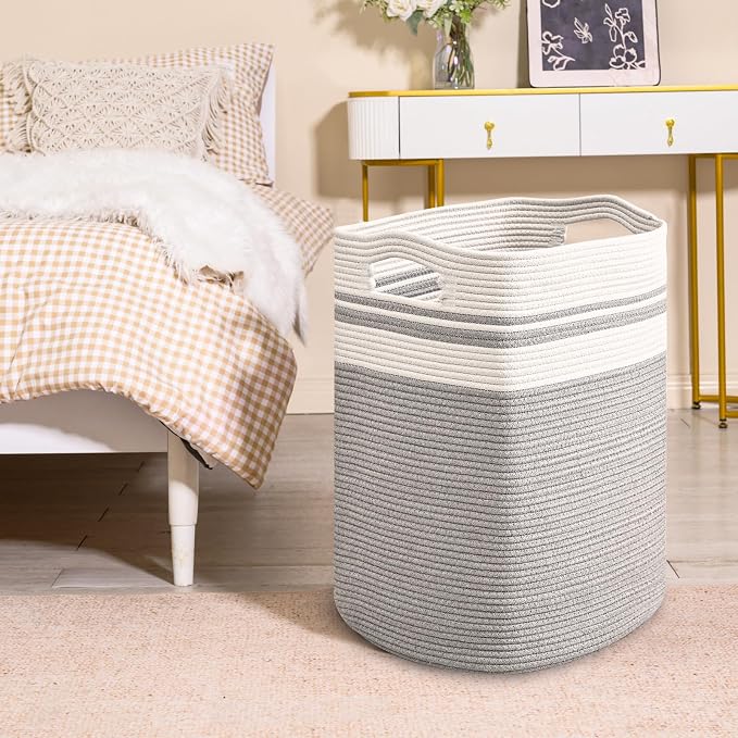 ICERZCZ 78L Laundry Hamper, Woven Rope Tall Laundry Basket with Handles, Decorative Blanket Basket for Bedroom, Bathroom, Collapsible Baskets for Toys, Clothes, 16”x14”x22”, White & Grey